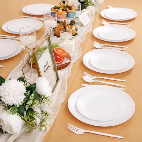 EI 150pcs White Plastic Plates Disposable,White Plate for Party,Disposable Frosted Plate with White Plastic Silverware,Heavy Duty Dinnerware set serves for 30,Perfect for Birthday Wedding Tea Party. - color: White Frosted Plastic Plates