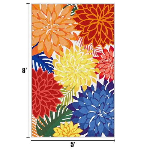 Colorful 5x8 Outdoor Area Rug Washable Multicolored Patio Rug Tropical Botanical Floral Chenille Waterproof Outdoor Carpet for Living Room, Deck, Backyard, Porch, Rainbow - color: Multi Colored, size: 5' x 8' (Rectangular)