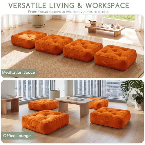 6" Extra Thick Floor Pillow Cushion for Adults, Meditation Cushion Pillow with Handle, Lustrous Chenille Tufted, Square Floor Sitting for Tatami Living Room or Yoga, 22x22 Inch, 2Pack, Orange - color: Square Orange, size: 6" Thick(pack of 2)