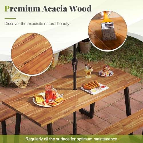 S AFSTAR 70" Acacia Wood Outdoor Picnic Table Set with 10Ft Umbrella & Base, Heavy Duty Wooden Outside Dining Table Set with Bench, All-Weather Patio Dining Set for 6, Garden, Backyard - size: Large