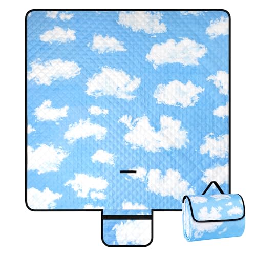 Picnic Blankets, 79''x79'' Extra Large Beach Blanket Waterproof Sandproof, Foldable & Portable Outdoor Mat 3-Layer Beach Blanket for Family Camping, Park, Travel, Backyard, Grass Lawn-Clouds