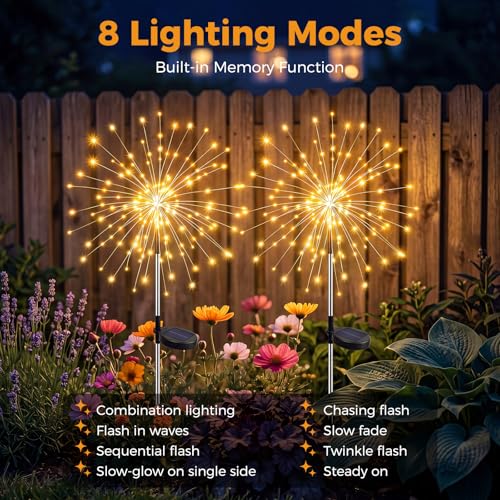 btfarm 2 Pack Solar Garden Lights Outdoor 8 Modes, 120 LED Firework Lights Solar Powered, Waterproof Twinkle Fairy Light Outside for Yard Pathway Lawn Pool Patio Christmas Decorative, Warm White - color: Warm White, size: 2 Pack
