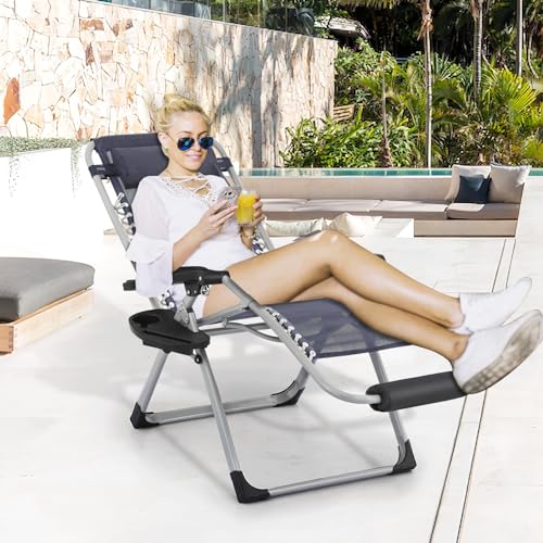MoNiBloom Zero Gravity Lounge Chair with Cushion, Padded Patio Anti Gravity Recliner, Foldable Outdoor Lounger with Cup Holder Tray, Headrest and Footrest for Beach Camping, Blue - color: Blue, size: Standard with Footrest 1-Pack