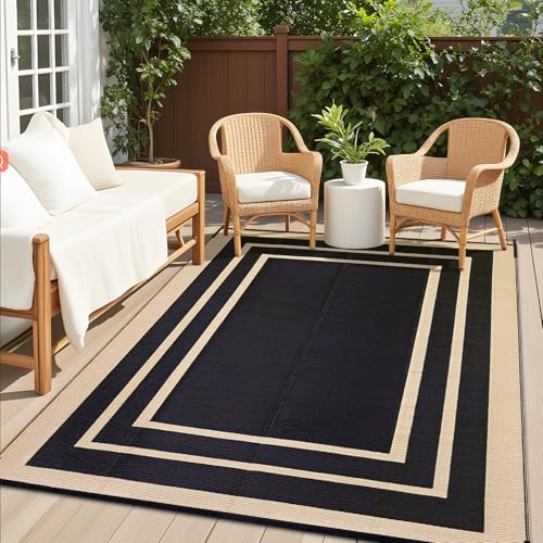 OLANLY Outdoor Rug 6x9 ft Waterproof, Reversible Outdoor Plastic Straw Rug, RV Mat, Indoor Outdoor Carpet Clearance for Patio, Camping, Balcony, Deck, Backyard, Black & Beige - color: Black & Beige, size: 6' X 9' (Rectangular)