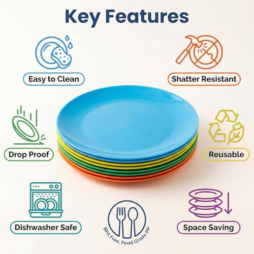 AOYITE Plastic Dinner Plates Reusable BPA Free Dishwasher Safe Microwaveable Plate for Any Occasion, BBQ, Travel, and Events (Multicolor set of 12) - color: Neon Summer Tones