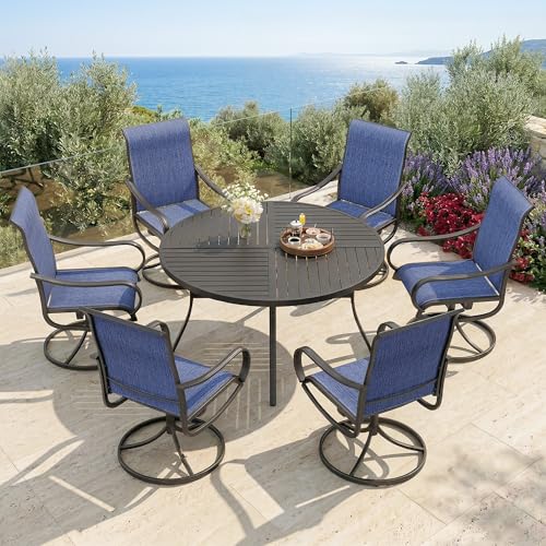 PHI VILLA 7 Piece Outdoor Patio Dining Set with 6 Swivel Dining Chairs & 1 Large Round Dining Table, Blue Textilene Mesh Fabric Chair and 54" Metal Table for All Weather - color: Blue Fabric, size: 54" Dia x 28"H-7 Piece-Metal