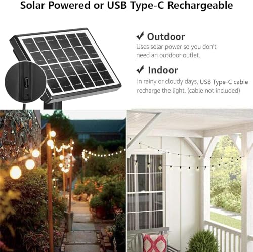 SUNTHIN 50ft Solar String Lights, USB Rechargeable Solar Outdoor Lights with 24 Waterproof & Shatterproof G40 LED Bulbs for Patio, Porch, Garden, Deck, Bistro, Cafe, Camping - size: 50 Feet