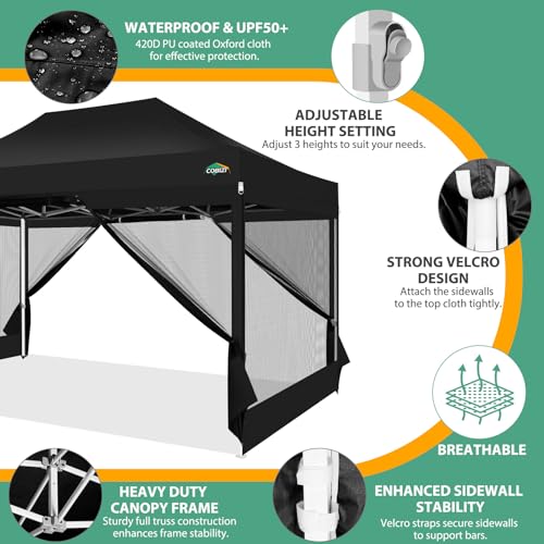 COBIZI 10x15 Heavy Duty Pop up Canopy with 4 Sidewalls, Canopy Tent with Mosquito Netting, Easy up Screen Party Tents for Parties Wedding Patio Backyard Commercial Gazebo with Handbag, Black - color: Black, size: 10x15ft(standard)