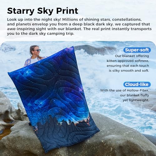 KingCamp Ultralight Camping Blanket, Packable Down Alternative Puffy Printed Wearable Blanket with Snap Buttons & Corner Loops Weatherproof Quilt for Outdoor Travel Stadium (78.7"L x 57.1"W) - color: Scenictrail-starrysky, size: 79" x 57"