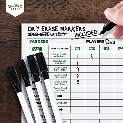 SWOOC Games® - 5 Big Premium Laminated Yardzee & Farkle Score Cards (11.5in x 8in) with Rules - Large Reusable Dry Erase Pads for Giant Outdoor Dice - style: Score Cards + Markers (5 Pack)