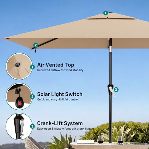 AreShark 6.5' x 10' Rectangular Patio Umbrella with Solar Lights, Solar Powered Lighted Market Umbrella w/Tilt and Crank, Outdoor Table Umbrella for Garden, Deck, Backyard, Pool and Beach, Beige - color: Beige, size: 6.5 X 10 FT