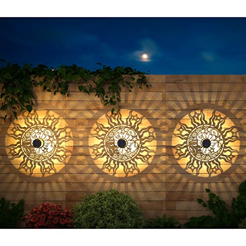 gardencave 4 Pack Solar Fence Lights Metal Solar Powered Outdoor Wall Deck Lights Sun Moon Theme Waterproof Fence Light for Garden Post Patio Backyard Yard Decor (Face, 4 Pack) - color: Face, size: 4 Pack
