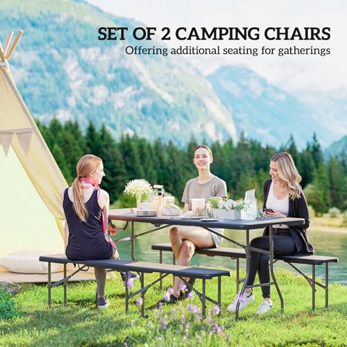 Outsunny 2-Pack 6 Ft. Plastic Folding Benches, Portable Foldable Bench Seats with Carrying Handle, Non-Slip Mat, HDPE Tabletop, Picnic Benches for Camping Dining Picnic BBQ Sports, Black - color: Black