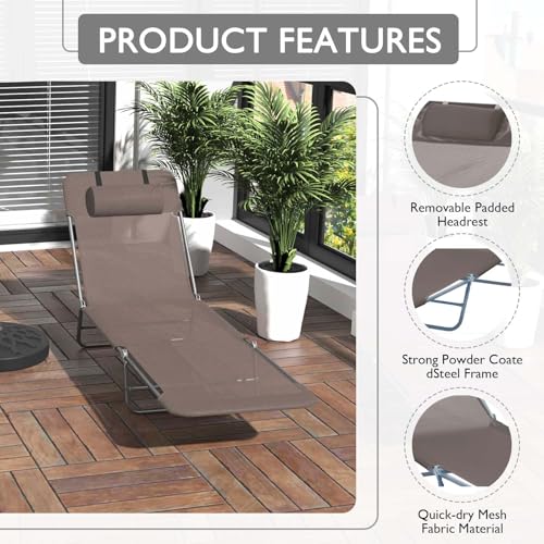Majnesvon Folding Chaise Lounge Chair, Pool Sun Tanning Chair, Outdoor Lounge Chair with 5-Position Reclining Back, Breathable Mesh Seat, Headrest for Beach, Yard, Patio(Brown) - color: Brown