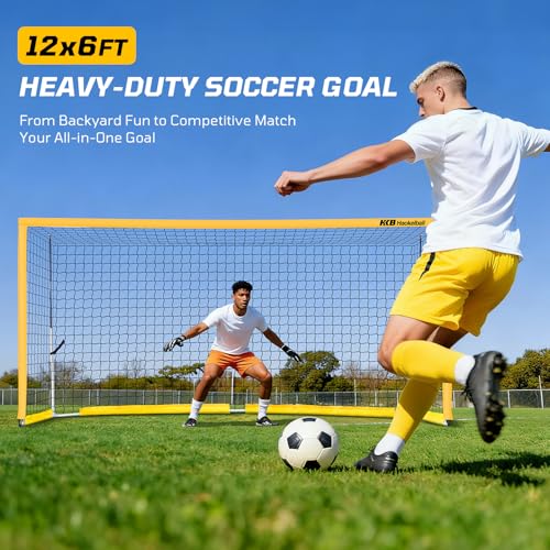 Haokelball Portable Soccer Goal for Backyard, 12x6 FT Soccer Net with Metal Post for Adult Youth Practice, Outdoor Training Equipment with Agility Ladder, Cones, Ground Stakes and Carry Bag - color: Yellow