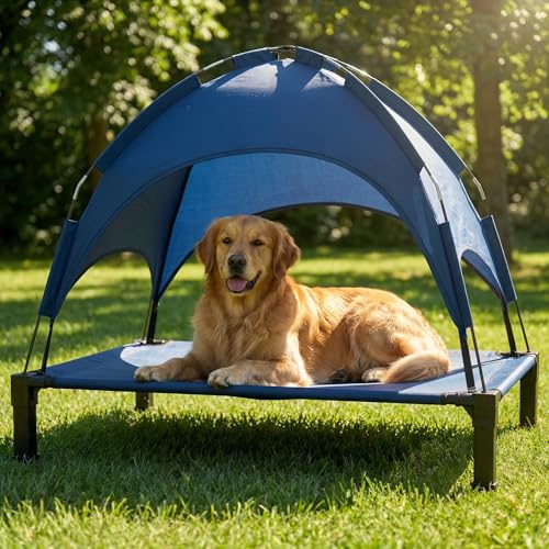 Elevated Dog Bed with Canopy Raised Pet Cot for Large Dogs, Outdoor Dog Cot with Removable Sun Shade Tent, Breathable Mesh Portable Dogs Cot for Camping, Beach, Backyard, Outdoor Use - color: Blue, size: 51.0"L x 36"W x 39"H