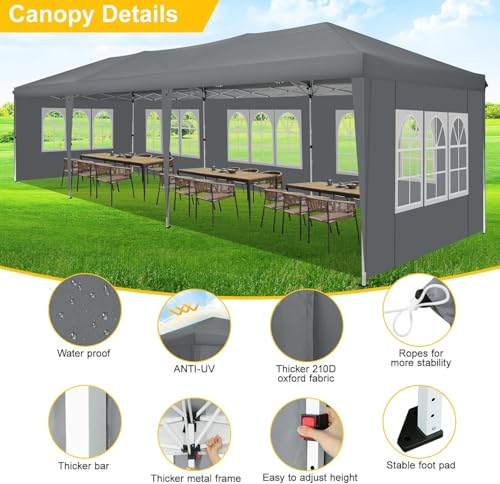 COBIZI 10x30 Pop Up Canopy with 8 Sidewalls for Parties Wedding Backyard, Waterproof Outdoor Commercial Event Shelter with Stakes, Ropes, Sandbags, Grey - color: Gray, size: 10x30ft With 8 Sidewalls