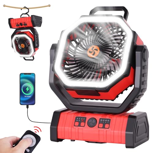 Battery Powered Fan Portable,20000mAh Rechargeable Camping Fan with LED Lantern,Auto-Oscillating USB Personal Battery Operated Fans Portable for Tens & Hanging Hook (Red) - color: Red