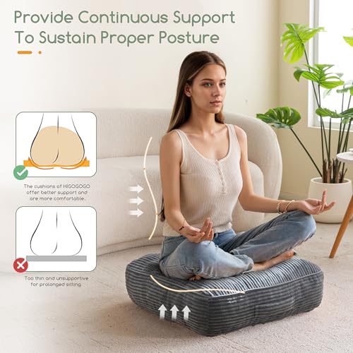 HIGOGOGO 6" Extra Thick Floor Pillow Cushion for Adults, Meditation Cushion Pillow, Large Square Floor Sitting, Tufted Corduroy Cover, for Tatami Living Room or Yoga, 22x22 Inch, 2Pack, Dark Grey - color: Square Dark Grey, size: 6" Thick(Pack of 2)