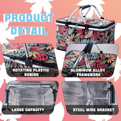 Insulated Picnic Basket for 2, Collapsible Shopping Baskets with 29L Large Market Basket with Handles, Folding Grocery Basket Insulated Cooler Bag for Picnic Travel Food Delivery Market Shopping Red - color: Red