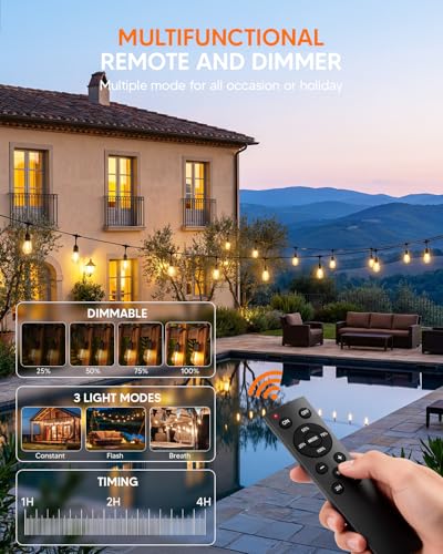 25FT S14 Outdoor String Lights, 15+2 Shatterproof Bulbs 2W, 1.5FT Spacing IP65 Waterproof| Dimmable with Remote, Heavy-Duty, Include Screw & Zip Ties for Patio Backyard Holiday Outside - size: 25 FT with 15+2 Bulbs (1.5FT Bulbs Apart)