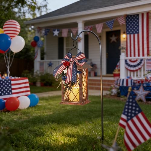 4th of July Solar Lanterns Outdoor Waterproof, Patriotic Hanging Lantern with Flickering LED Candle, 13" Independence Day Lanterns Decorations for Patio Porch Garden Yard Pathway, 1 Pack - size: Patriotic 1 Pack