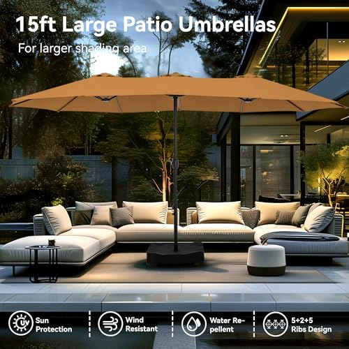 PHI VILLA 15ft Large Patio Umbrellas with Base, Outdoor Double-Sided Rectangle Market Umbrella for Pool Lawn Garden, Tawny - color: Tawny