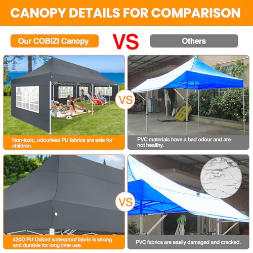 COBIZI 10x30 Pop up Canopy with Roller Bag & 8 Removable Sidewalls, Canopy Tent for Parties, Wedding, and Commercials, Waterproof and Instant Shelter UV50+ Outdoor Gazebo with 4 Sandbags(Gray) - color: Gray, size: 10x30FT