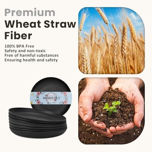 Homienly Wheat Straw Plates Set - 11 inch Reusable Large Dinner Plates Set of 8, Lightweight Unbreakable Salad Plates, Microwave and Dishwasher Safe Plates, Deep Plates for Dinner, Camping - Black - color: Black, size: 11 inch