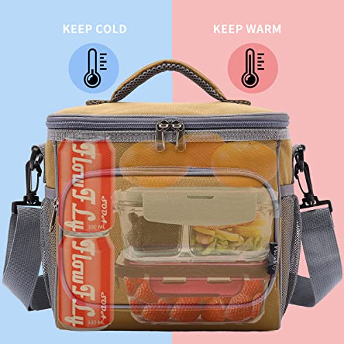 FlowFly Insulated Reusable Lunch Bag Adult Large Lunch Box for Women and Men with Adjustable Shoulder Strap,Front Zipper Pocket and Dual Large Mesh Side Pockets,Brown - color: Brown