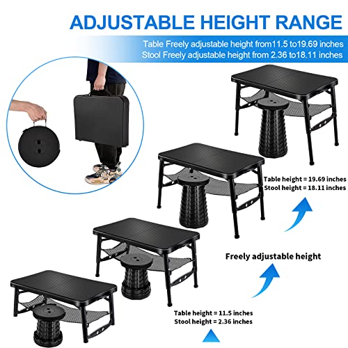 KPR Retractable Small Folding Table and Stool Set, Portable Camping Foldable Table Lightweight Yet More Sturdy with Adjustable Stool for Outdoor Picnic, Beach, Camp, Also Ideal as Laptop Bed Desk