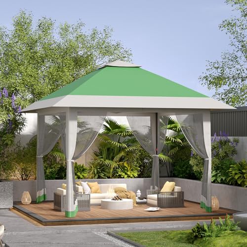 13X13 Pop Up Gazebo,Outdoor Canopy Tent with Mosquito Netting, Double Vented Roof Sun Shelter with Adjustable Heights,Outdoor Gazebo for Backyard & Patio Furniture.(Olive Green + Heather Gray). - color: Olive green + heather gray