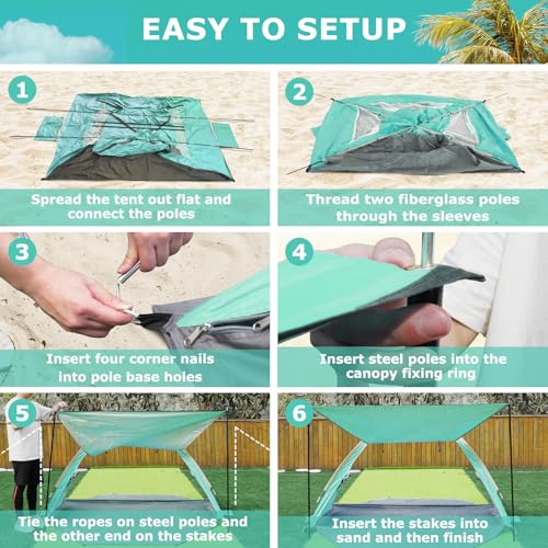 Gorich Beach Tent with Canopy - Easy Setup 3-4/5-6/7-8 Person Portable Sun Shelter, UPF 50+ UV Protection Sun Shade, Lightweight & Compact Beach Cabana for Family Travel - color: Turquoise, size: 6-8 Person