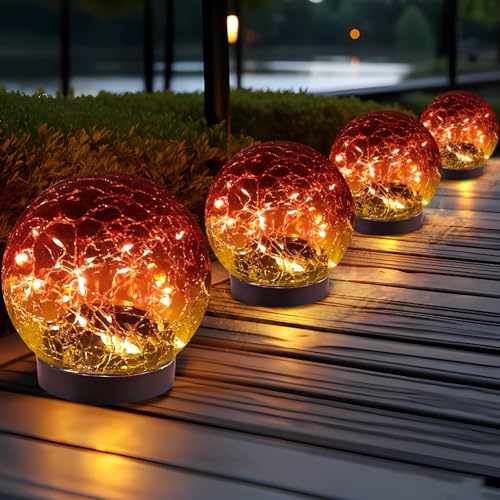 JKIMK Solar Globe Lights Outdoor Waterproof - Cracked Glass Ball Lights for Garden, Patio, Yard, Lawn and Backyard Decor - Decorative Orbs for Outside - color: Gradient red, size: 4 Globes
