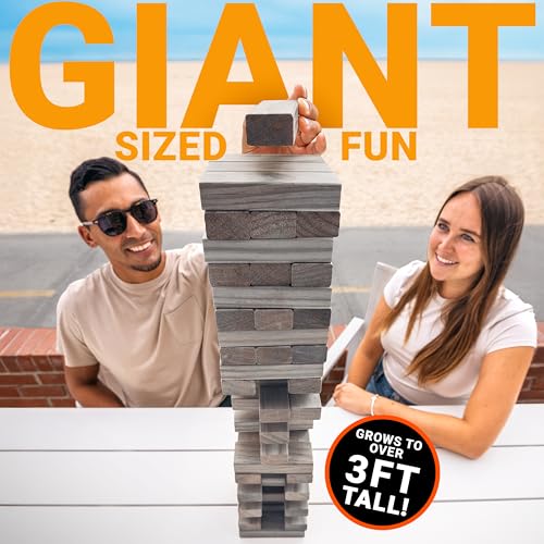 GoSports Giant Wooden Outdoor Stacking Game – Stacks Up to 3 ft – Large Toppling Tower with Case for Yard Games, Family Game Night, Camping, and Parties - color: Gray Wood Stain