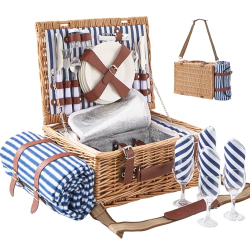 Willow Picnic Basket Set for 4 with Large Insulated Bag and Waterproof Picnic Blanket, Wicker Picnic Hamper for Camping, Outdoor, Birthday, Valentine, Navy - color: Navy With Blanket, size: For 4 Persons