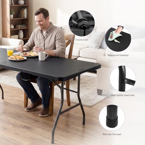 Byliable Folding Table 6ft, Heavy Duty Portable Plastic Fold-in-Half Utility Table with Carrying Handle for Indoor Outdoor, Camping Picnic Party, Black - color: Black, size: 6FT