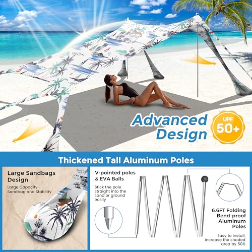 Beach Canopy Beach Tent Pop Up Shade 10x10ft Sun Shelter UPF50+ with 8 Sandbags-2 Sand Shovel-4 Aluminum Poles-Ground Pegs-Portable Carrying Bag for Outdoor Family Camping Fishing Yard Picnic - color: Coconut Tree