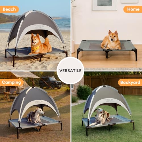 FUNNY FUZZY Elevated Dog Bed with Canopy,Grey, X-Large(48"x36"x9")–Outdoor Pet Cot with UV Protection, Breathable Mesh for Cooling, Indoor & Outdoor Use for Dogs up to 120 lbs - color: Grey, size: X-large