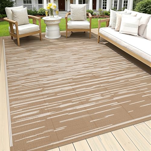 HEBE Outdoor Rug 5'x8' Waterproof, Reversible Plastic Straw Patio Rug Camping Mat, Indoor Outdoor Area Rug Carpet for Patios, Deck, Porch, RV, Camping, Picnic, Balcony - color: Stripe/Beige, size: 5' x 8' (Rectangular)