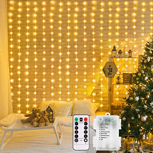 echosari Curtain Lights Battery Operated 200 LED Curtain Fairy Lights 6.6×6.6ft with Remote Timer Outdoor Wall Light Fully Waterproof for Wedding Backdrops Bedroom Decor (Warm White) - color: Warm White, size: 6.6Ft x 6.6Ft