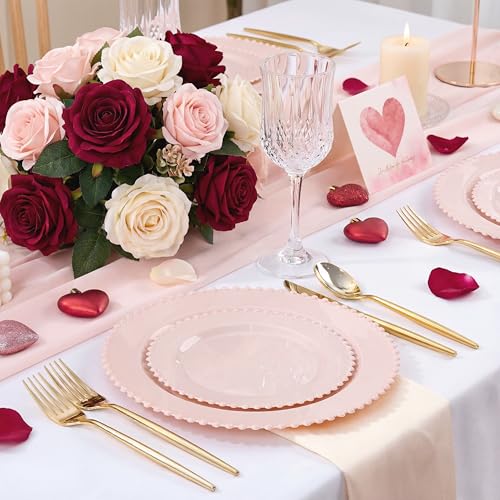 U-QE 60PCS Pink Plastic Plates - Heavy Duty Beaded Pink Disposable Plates for Mothers Day, Party, Baby Shower, Wedding - Serving 30 Guests Include 30PCS 10inch Dinner Plate & 30PCS 7inch Dessert Plate - color: Pink