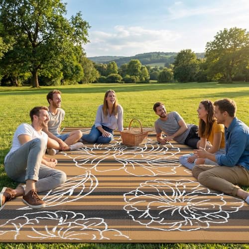 Garvee 10x14 Outdoor Waterproof Rug, Floral Outdoor Area Rug，Reversible Plastic Straw Patio Rug, Portable Camping Mat for RV, Picnic, Beach, Balcony, Garden & Camping Black&Brown - color: Blackbrown, size: 10' x 14' (Rectangular)