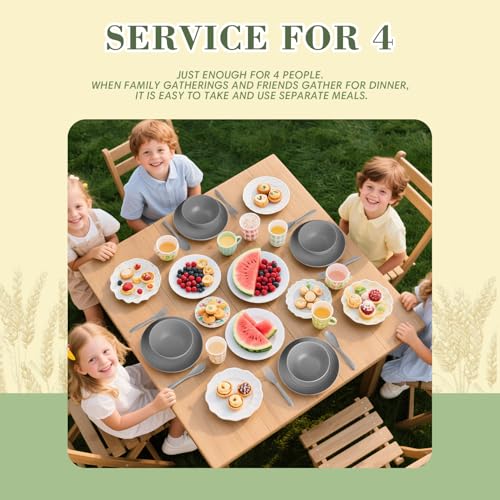 Wrova Wheat Straw Dinnerware Sets of 20,Dishwasher Safe Kitchen Plates and Bowls Sets,Camping Dishes Sets Contains Dinner Plates,Cereal Bowls,Drinking Cups and Flatware.(Grey) - color: Gray, size: 20 Pack