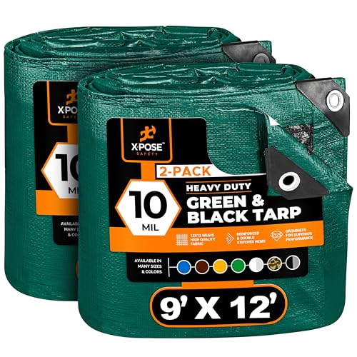 Heavy Duty Poly Tarp - 9' x 12' (2-Pack) - 10 Mil Thick Waterproof, UV Blocking Protective Cover - Reversible Green and Black - Laminated Coating - Grommets - by Xpose Safety - color: Green/Black, size: 9 Feet x 12 Feet (2pk)