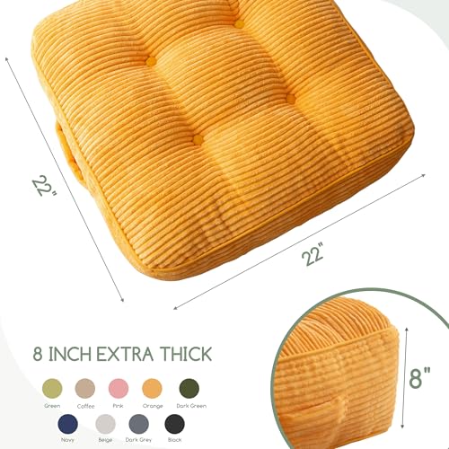 HIGOGOGO 8" Extra Thick Floor Pillow Cushion for Adults, Meditation Cushion Pillow, Large Square Floor Sitting, Tufted Corduroy Cover, for Tatami Living Room or Yoga, 22x22 Inch, Orange - color: Square Orange, size: 8" Thick(Pack of 1)