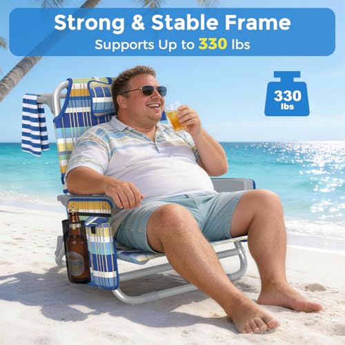 5-Position Backpack Beach Chair for Adults with Lumbar, Foldable Tall Heavy-Duty Beach Chairs with Cooler Bag,Cup Holder,Towel Rack for Beach, Camping, Outdoor (2, RainbowBlue&Orange) - color: Rainbowblue&orange, size: 2 pack
