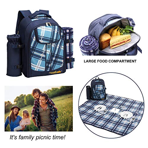 Apollo walker Picnic Backpack Set for 4 with Cooler Compartment,Detachable Bottle/Wine Holder Including Large Picnic Blanket(45"x 53") for Picnic Family and Lovers Gifts,Outdoor,BBQ Time (Blue) - color: Blue, size: 4 Person