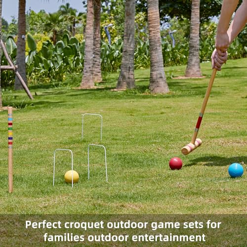 28" Croquet Set for 6 Players - Premium Wooden Mallets, Colored Balls & Carry Bag - Outdoor Games for Adults/Families at Lawn, Beach, Yard Game,Anti-Slip Handle - color: Natural Wood-with Grip Tape