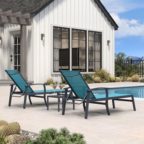 PURPLE LEAF Chaise Lounge Chair Outdoor 2 Pieces Pool Lounge Chairs 5 Adjustable Position with Armrests and Side Table Aluminum Patio Lounge Chair for Outside Backyard Beach Pool, Turquoise Blue - color: Turquoise Blue, size: Standard